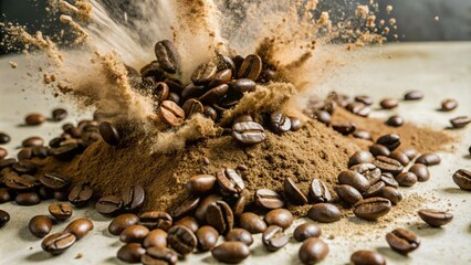 Explosion splash of ground coffee or cocoa powder with freeze isolated on background, pile of...