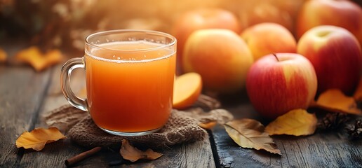 A cup of apple cider with apples on a rustic wooden table surrounded by autumn leaves.