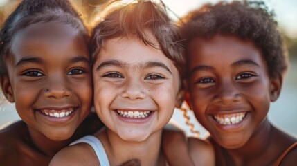 Fototapeta premium Three smiling children with different skin tones, faces close together