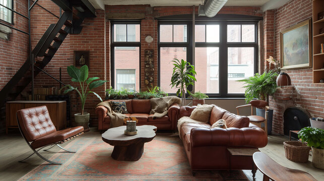 Industrial loft-style living room interior design with exposed brick walls, steel-framed windows, and leather furniture, softened by neutral rugs and plants.
