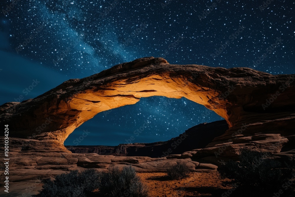 Wall mural starry night sky over rocky arch in desert landscape