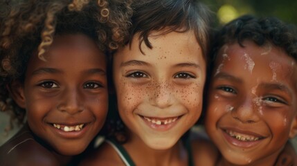 Three smiling children with varied hair textures, faces close together