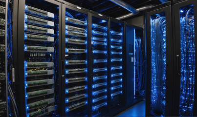 A server room with many racks of servers lit by blue lights