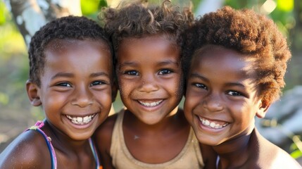 Fototapeta premium Three smiling children with varied hair types, faces close together