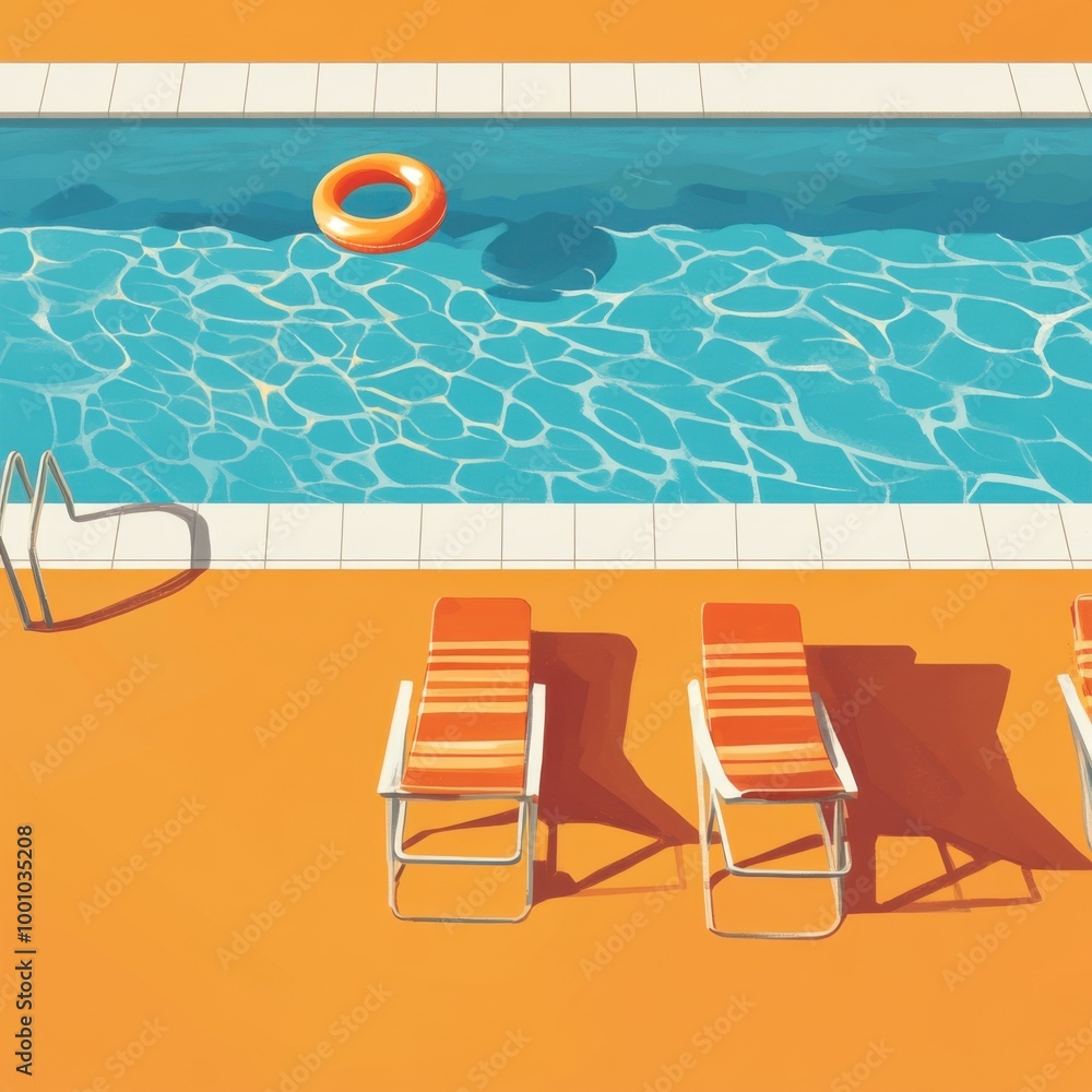 Poster A vector illustration of an empty swimming pool with two orange lounge chairs and one inflatable ring floating in the water, on a solid background