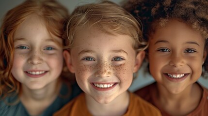 Three smiling children with varied skin tones, faces close