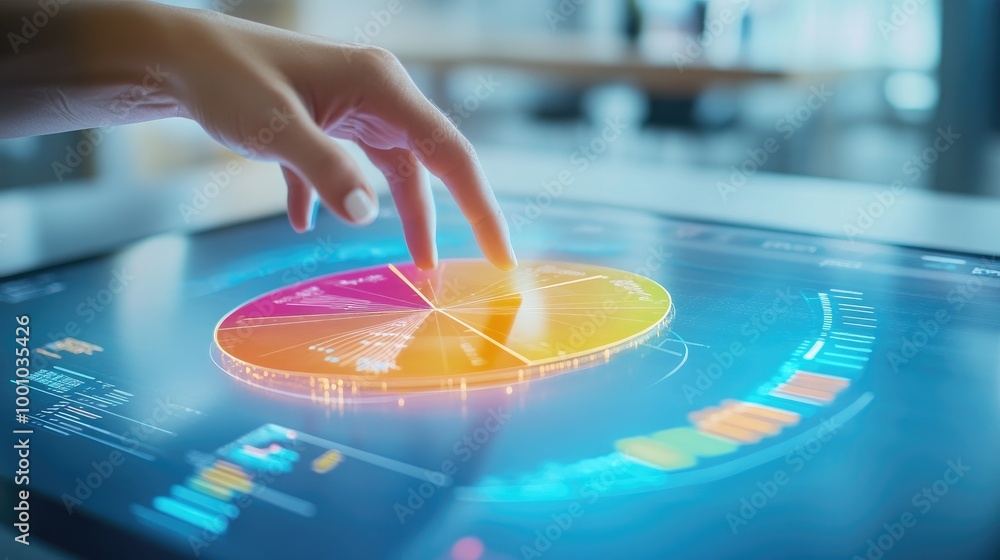 Poster a close-up of a 3d pie chart being manipulated on a touchscreen monitor, with interactive segments h