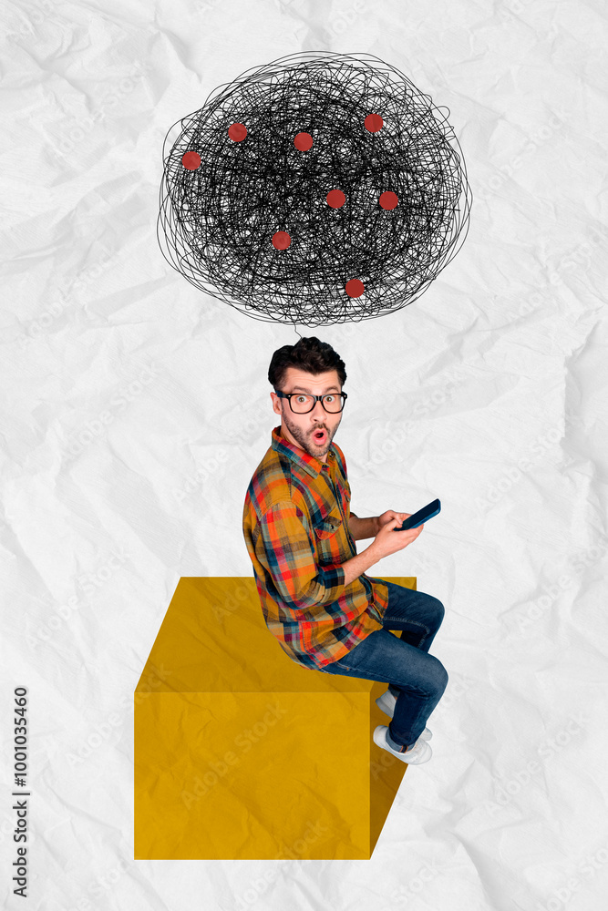 Poster collage sketch template of shocked man blogger use gadget read fake news wow omg isolated on creativ