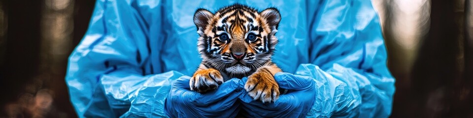 a virologist holds a tiger in his hands. Selective focus