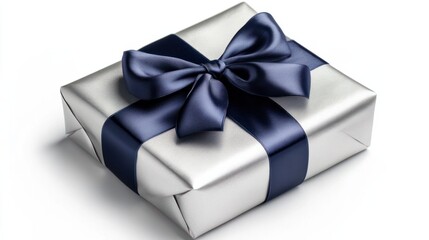 Obraz premium Elegant silver-wrapped New Year gift with a navy blue satin bow, isolated on a white background for a luxurious touch.