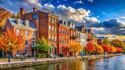 Naklejka premium Colorful Red Brick Buildings Along Whitehurst Highway at Georgetown Waterfront in Autumn Scene