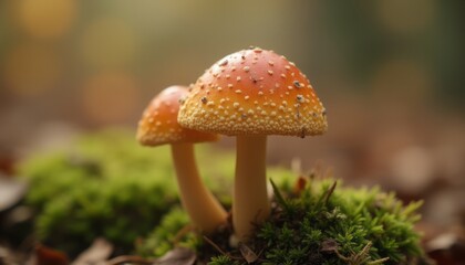 A close-up of a wild mushroom growing in the forest, surrounded by moss, with its detailed texture and natural environment.