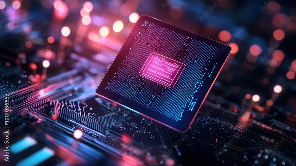 Poster futuristic computer chip on a circuit board with glowing elements.