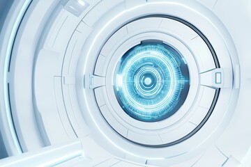 Fototapeta premium Futuristic circular interface with glowing blue digital elements, isolated on white.