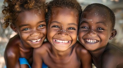 Fototapeta premium Three smiling children with varied skin tones, faces close