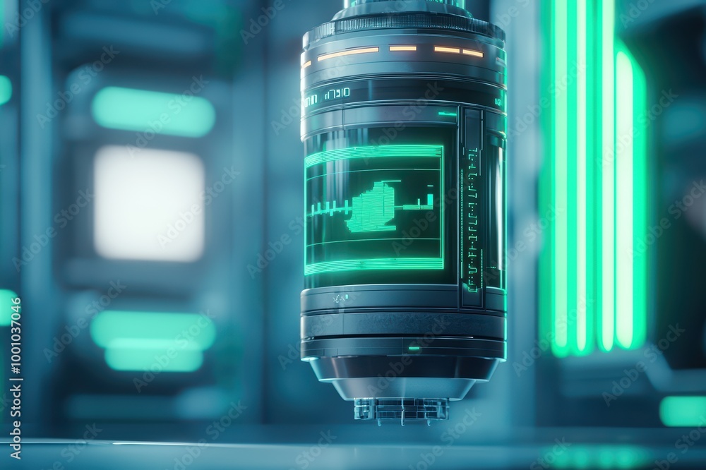 Poster futuristic device with green display on a dark background, showcasing advanced technology.