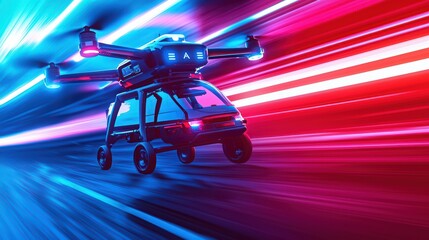 Obraz premium Futuristic drone with lights, speeding through vibrant neon background.