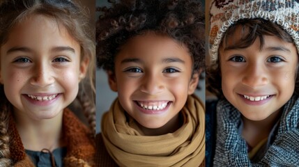 Three smiling kids of different ethnic backgrounds, faces close