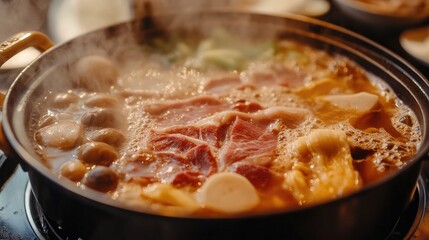 A close-up of a bubbling hot pot with rich broth, slices of meat, mushrooms, and vegetables, with steam rising and serving utensils ready for use