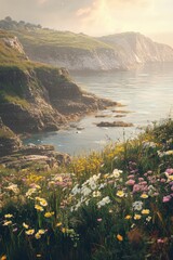 Scenic coastal landscape with wildflowers