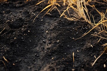 close-up of dark soil with dried grass