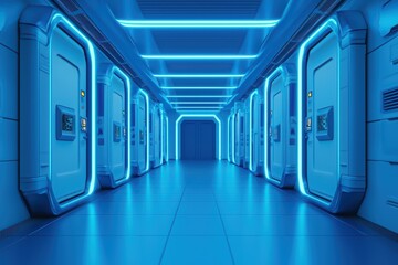 Futuristic hallway with glowing blue lights and sleek doors.