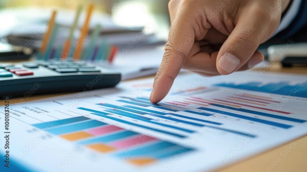 Poster a close-up of a hand pointing at a financial bar chart on a printed report, with other financial doc