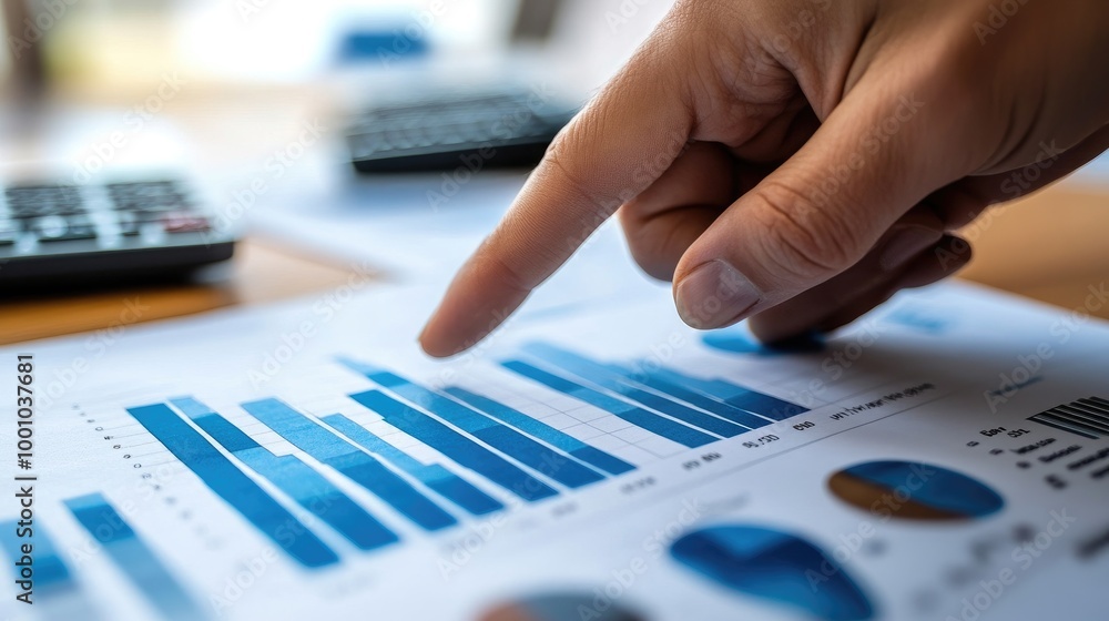 Poster a close-up of a hand pointing at a financial bar chart on a printed report, with other financial doc