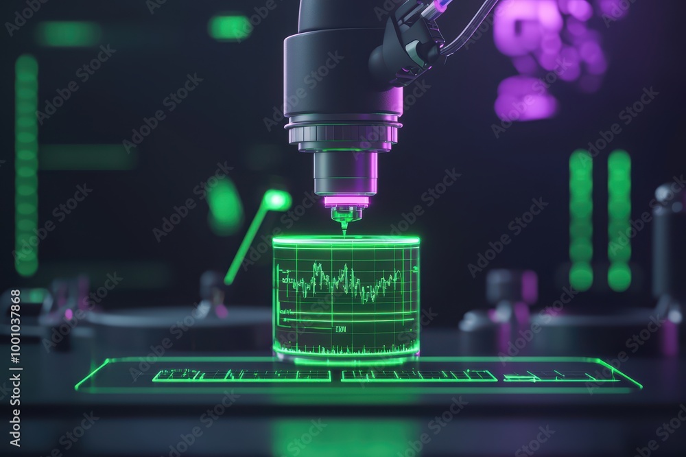 Poster futuristic laser measurement device scanning digital data on a holographic display