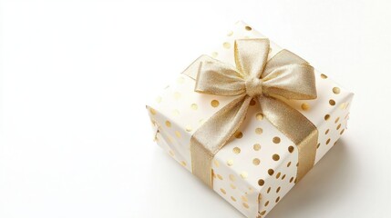 Obraz premium Elegant white New Year present with gold polka-dot wrapping and a satin bow, isolated on a bright white background.
