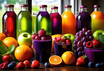 colorful juice bottles displayed amongst fresh showcasing vibrant array natural colors textures, apple, berry, beverage, bright, cheerful, citrus