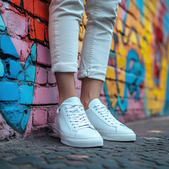 Stylish white sneakers stand out against vibrant graffiti wall, showcasing modern urban aesthetic. casual look is complemented by rolled up white pants, creating trendy vibe