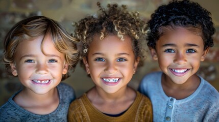 Three smiling kids of varied ethnicities, faces close
