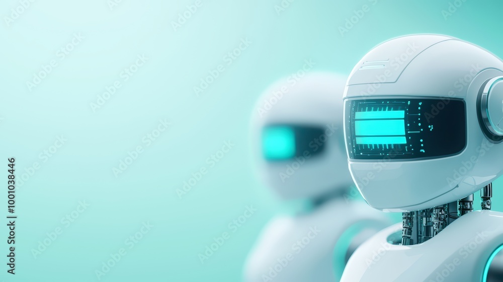 Aufkleber futuristic robots with glowing screens on a soft teal background.
