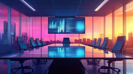 A modern conference room features a glass table, sleek chairs, and a vibrant cityscape view at sunset, complemented by a large digital display.