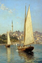 Sailboats on the bosphorus with istanbul skyline