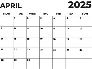 Monthly Planner April 2025, Minimalist Black and White Calendar, Monday Start Printable Calendar, Plain calendar, Dated Monthly Planner, Simple Monthly Organizer, Landscape Monthly Planner
