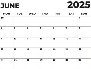 Monthly Planner June 2025, Minimalist Black and White Calendar, Monday Start Printable Calendar, Plain calendar, Dated Monthly Planner, Simple Monthly Organizer, Landscape Monthly Planner