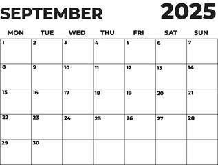 Monthly Planner September 2025, Minimalist Black and White Calendar, Monday Start Printable Calendar, Plain calendar, Dated Monthly Planner, Simple Monthly Organizer, Landscape Monthly Planner