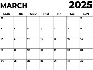 Monthly Planner March 2025, Minimalist Black and White Calendar, Monday Start Printable Calendar, Plain calendar, Dated Monthly Planner, Simple Monthly Organizer, Landscape Monthly Planner