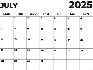 Monthly Planner July 2025, Minimalist Black and White Calendar, Monday Start Printable Calendar, Plain calendar, Dated Monthly Planner, Simple Monthly Organizer, Landscape Monthly Planner