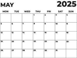 Monthly Planner May 2025, Minimalist Black and White Calendar, Monday Start Printable Calendar, Plain calendar, Dated Monthly Planner, Simple Monthly Organizer, Landscape Monthly Planner