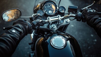 A close-up of a motorcycle's handlebars and dashboard, with the rider's gloved hands gripping the controls, ready for the ride.