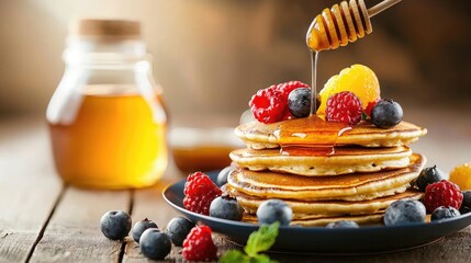 pancakes berries honey on the table. Selective focus