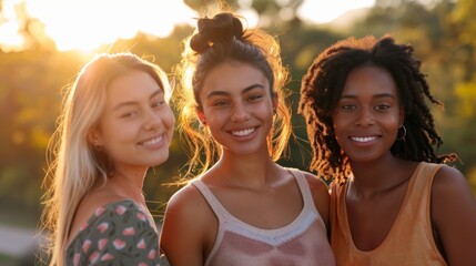 Young women from different ethnicities, standing close together and smiling warmly