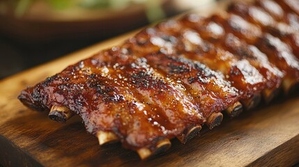 A close-up of a mouthwatering rack of pork ribs, with a caramelized glaze and visible seasoning, placed on a wooden cutting board ready for serving
