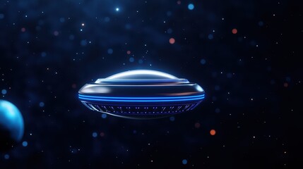 Obraz premium Futuristic UFO in space, surrounded by stars and planets, high-tech concept design.