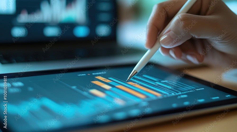Poster a close-up of a person hand using a stylus to highlight key data points on a financial graph display