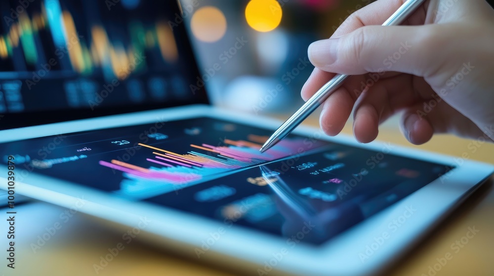 Poster a close-up of a person hand using a stylus to highlight key data points on a financial graph display