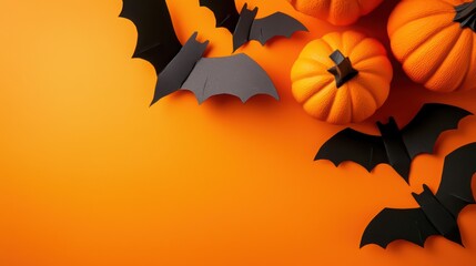 Naklejka premium Halloween bats and pumpkins on a vibrant orange background.